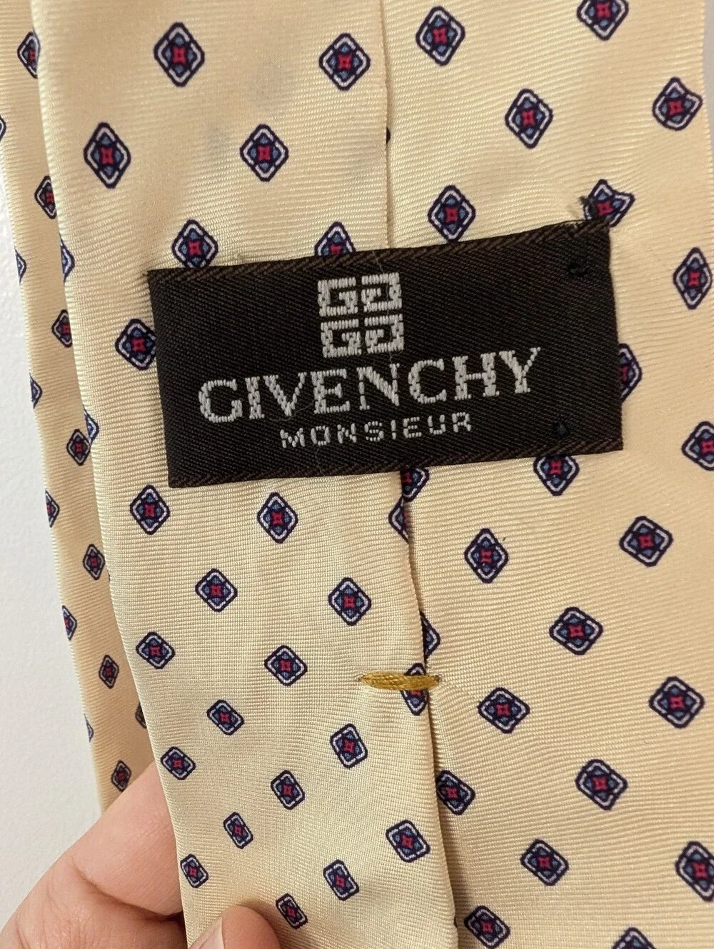 Vintage Givenchy Monsieur Silk Skinny Necktie Yellow Geometric Dot Italy